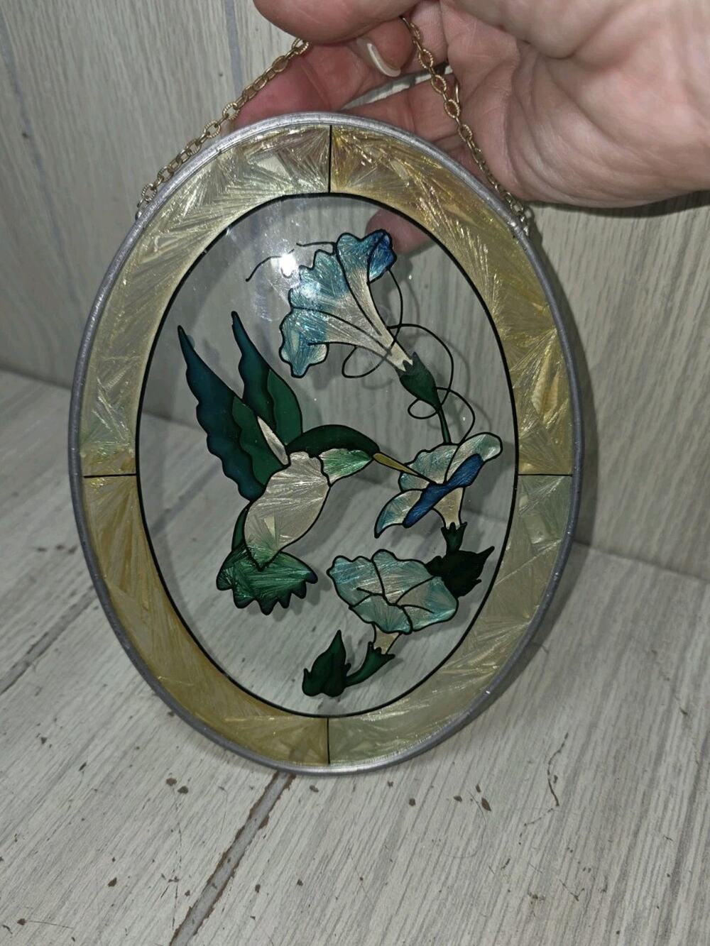 Vtg Oval Hummingbird Stained Glass Window Hanger Sun Catcher 7.5x5.5 Birds